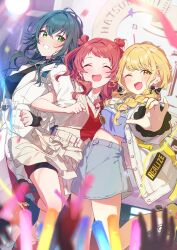  3girls absurdres belt bike_shorts black_bow black_shirt blonde_hair blue_hair blue_shirt blue_skirt blurry blurry_foreground blush bow braid breasts cable_knit chain chain_necklace closed_eyes collared_shirt commentary_request confetti crossed_bangs denim denim_skirt earrings fang fujita_kotone gakuen_idolmaster glowstick green_eyes grin hair_between_eyes hair_ornament hajime_(idolmaster) hanami_saki heart heart_earrings heart_hair_ornament highres hoop_earrings idolmaster jacket jewelry kirizuki_reika locked_arms looking_at_another looking_at_viewer looking_to_the_side medium_hair multiple_girls necklace one_eye_closed open_mouth plaid_clothes plaid_socks re;iris_(idolmaster) red_hair red_sweater shirt shoes shorts shorts_under_skirt skin_fang skirt small_breasts smile socks stage_lights standing standing_on_one_leg streamers sweat sweater swept_bangs triangle_earrings tsukimura_temari twin_braids two_side_up white_jacket white_shirt white_skirt white_sweater yellow_eyes yellow_nails yellow_shoes 