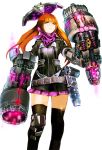  arm_cannon belt black_legwear character_request cyborg knee_pads long_hair mechanical_arm mechanical_halo miniskirt neckerchief neon_trim orange_hair red_eyes skirt so-bin solo thighhighs twintails weapon white_background 