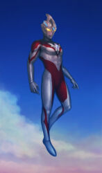  1boy absurdres alien black_skin blue_gem blue_sky clouds cloudy_sky color_timer colored_skin commentary_request floating forehead_jewel gem highres katou_yuu male_focus muscular muscular_male no_pupils red_skin silver_skin sky solo tokusatsu ultra_series ultraman_arc ultraman_arc_(series) yellow_eyes 