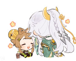  2girls :d ^_^ backpack_basket bell blunt_bangs blush blush_stickers bow-shaped_hair braid brown_hair chinese_clothes closed_eyes commentary_request crescent crescent_hair_ornament double-parted_bangs facing_away fingernails flower_symbol from_behind fur-trimmed_jacket fur_trim genshin_impact green_jacket hair_bell hair_ornament hand_on_another's_head headpat high_ponytail highres jacket jingle_bell long_hair medium_hair multiple_girls nail_polish oooma_155 open_mouth ponytail short_eyebrows sidelocks simple_background smile upper_body very_long_hair vision_(genshin_impact) white_background white_hair yaoyao_(genshin_impact) yellow_nails zibai_(genshin_impact) 