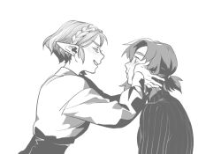  1boy 1girl arms_up braid cheek_squash collared_shirt crown_braid curtained_hair from_side greyscale grin link long_pointy_ears long_sleeves looking_at_another monochrome pointy_ears ponytail princess_zelda profile sake84883051 shirt short_hair short_ponytail simple_background smile the_legend_of_zelda the_legend_of_zelda:_tears_of_the_kingdom turtleneck white_background 