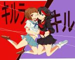  2girls black_hair blue_eyes brown_eyes brown_hair gloves kill_la_kill mankanshoku_mako matoi_ryuuko multiple_girls school_uniform senketsu short_hair smile wink 