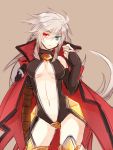  1girl ahoge bare_shoulders blazblue blush breasts bridal_gauntlets cape center_opening cleavage crotch_plate elbow_gloves genderswap gloves green_eyes heterochromia long_hair midriff ragna_the_bloodedge red_eyes silver_hair solo thighhighs tomorag7 