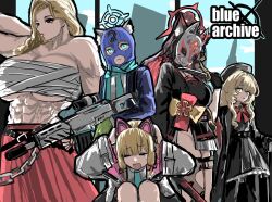  5girls akemi_(blue_archive) breasts commentary_request crying expressionless furry grand_theft_auto gun halo highres holding holding_gun holding_knife holding_weapon knife large_breasts long_hair looking_at_viewer looking_to_the_side maabo_harusame mask mole mole_under_eye momoi_(blue_archive) multiple_girls muscular muscular_female professor_niyaniya_(blue_archive) school_uniform shiroko_(blue_archive) skirt tall_female tears wakamo_(blue_archive) weapon 
