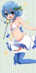  1girl alternate_costume alternate_hairstyle bikini_top blue_eyes blue_hair blue_legwear blush breasts cirno fang hair_ornament highres looking_at_viewer navel negiko open_mouth short_hair skirt solo star thighhighs touhou vertical-striped_background wings 