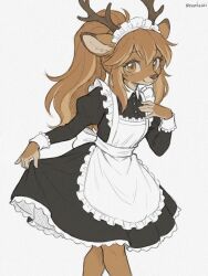  1girl animal_ears animal_nose antlers apron artist_name brown_eyes brown_hair closed_mouth commentary_request curtsey deer_antlers deer_ears deer_girl dress enekasei frilled_apron frilled_dress frills furry furry_female hair_between_eyes high_ponytail horns juliet_sleeves long_hair long_sleeves looking_at_viewer maid maid_apron maid_headdress original ponytail puffy_sleeves sidelocks smile snout solo twitter_username 