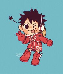  >_o 1boy black_hair blue_background boots chibi chibi_only chunafishy coat full_body gloves hat_on_back headphones male_focus monkey_d._luffy one_eye_closed one_piece red_boots red_coat red_gloves scar scar_on_cheek scar_on_face short_hair simple_background solo star_(symbol) tongue tongue_out 