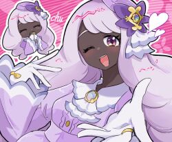  1girl chibi closed_eyes commentary_request dark-skinned_female dark_skin dress gloves heart jacinthe_(pokemon) jewelry looking_at_viewer luxury_ball one_eye_closed open_mouth poke_ball pokemon pokemon_legends:_z-a purple_dress purple_hair ring ryokukoucha smile solo teeth upper_body upper_teeth_only very_dark_skin violet_eyes white_gloves 