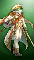  1boy akakatta black_shoes closed_mouth coat epaulettes frog_boy frog_prince_(grimms_notes) frog_prince_(shinsei)_(grimms_notes) game_asset gloves green_background green_pupils grey_eyes grimms_notes hat holding holding_sheath holding_sword holding_weapon male_focus non-web_source official_art pants peaked_cap sheath shoes solo sword weapon white_coat white_gloves white_hat white_pants 