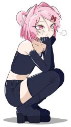  1girl absurdres aegyo_sal bare_shoulders black_boots black_choker black_gloves black_shorts black_tube_top blush bob_cut boots breasts casual choker closed_mouth collarbone crop_top doki_doki_literature_club elbow_gloves elbow_rest elbows_on_knees expressionless exspiravitbag eyelashes fang from_side gloves hair_between_eyes hair_intakes hair_ornament hair_ribbon hands_on_own_chin head_rest highres looking_afar looking_ahead midriff natsuki_(doki_doki_literature_club) navel pink_eyes pink_hair platform_boots puff_of_air red_ribbon ribbon shadow shiny_clothes shirt short_hair shorts sigh simple_background skin_fang sleeveless sleeveless_shirt slit_pupils small_breasts solo squatting strapless swept_bangs thigh_boots tube_top two_side_up white_background x_hair_ornament zettai_ryouiki 