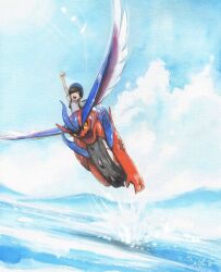  1boy arm_up blue_sky breast_pocket brown_hair clenched_hand closed_eyes clouds collared_shirt colored_sclera commentary day english_commentary florian_(pokemon) flying hat highres koraidon mofinngram naranja_academy_school_uniform necktie open_mouth orange_eyes orange_necktie painting_(medium) pocket pokemon pokemon_scarlet_and_violet riding riding_pokemon school_uniform shirt short_hair short_sleeves sky smile teeth tongue tongue_out traditional_media upper_teeth_only water watercolor_(medium) white_shirt yellow_sclera 