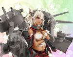  1girl anchor blonde_hair breasts cannon cape glasses gloves headgear hex_grid highres kachayori kantai_collection large_breasts musashi_(kantai_collection) personification pleated_skirt red_eyes sarashi short_hair skirt smile solo star turret twintails 
