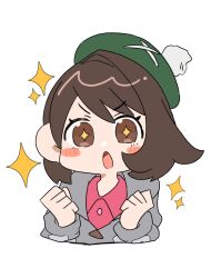  +_+ 1girl :o blush_stickers brown_eyes cardigan chibi chibi_only clenched_hands collared_dress commentary_request cropped_torso dress gloria_(pokemon) green_hat grey_cardigan hands_up hat highres hood hood_down hooded_cardigan open_mouth pink_dress pokemon pokemon_sword_and_shield ryokukoucha simple_background solo sparkle tam_o'_shanter upper_body white_background 