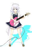  1girl blue_eyes braid guitar hiharo instrument izayoi_sakuya maid_apron maid_headdress silver_hair solo touhou twin_braids 
