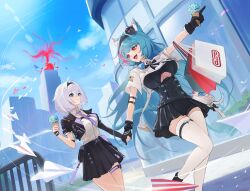  2girls absurdres ahoge animal_ear_fluff animal_ears bag bell black_dress black_gloves black_hairband black_jacket black_skirt blue_eyes blue_hair blue_sky breasts building clouds cloudy_sky collared_shirt commentary cross_in_eye day dress fang feet_out_of_frame female_esper_zero_(nte) gloves hairband highres holding holding_hands holding_ice_cream_cone ice_cream_cone jacket large_breasts long_hair medium_hair mint_(nte) multicolored_hair multiple_girls neck_bell necktie neverness_to_everness open_clothes open_jacket open_mouth outdoors paper_airplane parted_lips pink_hair pink_streaks pointing pointing_forward purple_necktie red_eyes shirt shopping_bag short_sleeves shrug_(clothing) skin_fang skirt sky streaked_hair tail takealook thigh-highs thigh_strap thighs two-tone_hair untranslatable_commentary white_hair white_shirt white_shrug white_thighhighs 