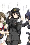  4girls black_hair blue_eyes brown_hair eyepatch female_admiral_(kantai_collection) gloves hair_ornament headgear highres kantai_collection long_hair maya_(kantai_collection) multiple_girls niwatazumi personification purple_hair school_uniform short_hair shouhou_(kantai_collection) tenryuu_(kantai_collection) 