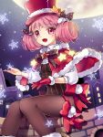  1girl blush christmas drill_hair fang hat open_mouth pantyhose pink_hair red_eyes smile solo sword_girls twin_drills winter 