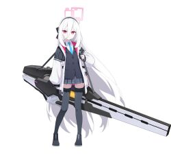  1girl black_boots black_hairband black_jacket black_skirt black_thighhighs blazer blue_archive blue_necktie boots full_body hair_between_eyes hairband halo highres huge_weapon jacket kei_(blue_archive) kei_(student)_(blue_archive) long_hair long_hair_between_eyes looking_at_viewer miniskirt multicolored_jacket necktie official_art pink_eyes pink_halo pleated_skirt railgun rectangular_halo shirt skirt solo thigh-highs transparent_background two-tone_jacket weapon white_hair white_jacket white_shirt zettai_ryouiki 