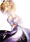  1girl absurdres ahoge bare_shoulders blonde_hair bow detached_sleeves dress fate/unlimited_codes fate_(series) gloves green_eyes hair_bow highres ponytail ryuuki_(hydrangea) saber saber_lily solo 