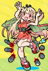  1girl alternate_costume artist_logo blonde_hair cho_kaguya-hime! commentary_request cosplay dated detached_sleeves full_body gradient_hair hair_flaps hair_ribbon japanese_clothes kaguya_(cho_kaguya-hime!) kaguya_(cho_kaguya-hime!)_(cosplay) kantai_collection kimono kutone_shirika logo long_hair multicolored_hair orange_kimono pink_shoes red_eyes ribbon shoes short_kimono sleeveless sleeveless_kimono smile solo torpedo_launcher yellow_background yukata yuudachi_(kancolle) yuudachi_kai_ni_(kancolle) 