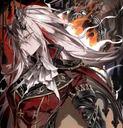  1girl aiguillette alpha:_inverse_crown_(nightshroud_coronet)_(pgr) alpha_(pgr) ascot asymmetrical_horns black_horns breasts buttons cape closed_mouth collared_jacket commentary_request double-breasted epaulettes fire hair_between_eyes highres horns jacket long_hair looking_to_the_side mechanical_arms medium_breasts multicolored_hair official_alternate_costume punishing:_gray_raven red_cape red_eyes red_jacket red_streaks short-sleeved_jacket short_sleeves solo streaked_hair upper_body white_ascot white_hair xiegegege_gezi 