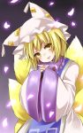  1girl blonde_hair fox_tail hands_clasped multiple_tails open_mouth petals short_hair simple_background smile tabard tail tamichan touhou yakumo_ran yellow_eyes 