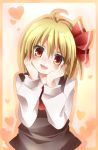  1girl blonde_hair blouse blush fang hair_ribbon hands_on_own_cheeks hands_on_own_face heart heart_background looking_at_viewer orange_eyes ribbon rumia short_hair simple_background smile tamichan touhou vest 
