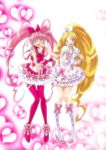  2girls blonde_hair blue_eyes blush boots choker cure_melody cure_rhythm dress eunos female frills green_eyes hand_on_hip heart houjou_hibiki long_hair magical_girl midriff minamino_kanade multiple_girls open_mouth pink_hair precure ribbon skirt smile suite_precure thighhighs twintails two_side_up 
