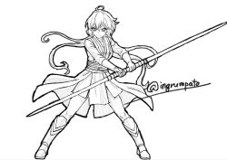  1girl ahoge bob_cut boots closed_mouth commentary double-parted_bangs double_bladed_lightsaber energy_sword floating_clothes floating_hair frown full_body gloves greyscale hair_between_eyes hatching_(texture) highres holding holding_sword holding_weapon jedi knee_boots kyomeihibiki lightsaber linear_hatching lineart long_hair long_sleeves monochrome robe sash senki_zesshou_symphogear signature simple_background solo standing star_wars sword twintails twitter_username waist_sash weapon white_background yukine_chris 