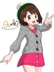  1girl :d brown_eyes brown_hair buttons cardigan character_name collared_dress commentary_request cowboy_shot dress gloria_(pokemon) green_hat grey_cardigan hand_up happy hat highres hood hood_down hooded_cardigan open_mouth pink_dress pokemon pokemon_sword_and_shield short_hair smile solo tam_o'_shanter v white_background ya_mari_mo_3 