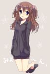  1girl :o bare_legs blue_eyes blush brown_hair hair_ornament hands_in_pockets hoodie long_hair original slippers solo tahya two_side_up 