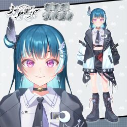  1girl bike_shorts black_boots blue_hair blush boots character_name choker commentary_request earrings english_text feathers hair_ornament highres hood hoodie jacket jewelry logo long_sleeves love_live! love_live!_sunshine!! midriff multicolored_hair necktie official_art oversized_clothes pentagram pink_eyes shorts simple_background smile star_(symbol) stomach tsushima_yoshiko violet_eyes white_hair wings 