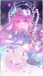  2girls absurdres bare_shoulders blue_eyes blue_gem breasts chinese_commentary coat commentary_request cyrene_(demiurge)_(honkai:_star_rail) cyrene_(honkai:_star_rail) cyrene_(philia093)_(honkai:_star_rail) dress earrings fingernails flower gem hair_flower hair_intakes hair_ornament halo halo_behind_head highres holding holding_quill honkai:_star_rail honkai_(series) jewelry large_breasts leaf_hair_ornament long_hair looking_at_viewer multicolored_hair multicolored_ribbon multiple_girls multiple_rings necklace pink_hair pink_nails planet_earrings pointy_ears purple_coat purple_flower purple_rose quill ribbon ring rose see-through_clothes see-through_veil short_hair two-tone_hair upper_body upside-down veil violet_eyes white_dress white_hair white_veil wrist_ribbon zhui_ming_jin_ge 