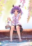  1girl bag feet_in_water hair_ribbon headphones original panties pantyshot pantyshot_(sitting) petals purple_hair recursion ribbon school_uniform short_hair sitting skirt smile soaking_feet solo twintails underwear violet_eyes water weiyinji_xsk 