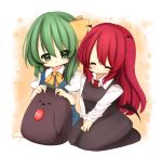  2girls ^_^ a-iueo bat_wings black_dress bow chibi closed_eyes daiyousei dress dress_shirt eyelashes forehead green_eyes green_hair hair_bow happy head_wings highres koakuma long_hair long_sleeves low_wings mini_wings multiple_girls necktie no_wings petting puffy_short_sleeves puffy_sleeves redhead reiuji_utsuho reiuji_utsuho_(bird) seiza shirt short_sleeves side_ponytail simple_background sitting skirt skirt_set touhou v_arms vest white_shirt wings 