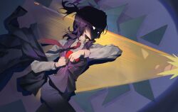  1girl absurdres blank_eyes blue_archive bullet chinese_commentary commentary_request cowboy_shot drawing_gun dress_shirt elbow_carry eye_trail firing formal_clothes from_side gehenna_academy_logo glowing glowing_eyes gun halo handgun haruka_(blue_archive) haruka_(suit)_(blue_archive) highres holding holding_gun holding_weapon jacket light_trail long_hair long_sleeves looking_ahead muzzle_flash necktie official_alternate_costume pants ponytail purple_background purple_hair purple_halo purple_pants purple_vest red_necktie shaded_face shirt short_ponytail solo suit_pants unworn_jacket vest weapon white_shirt ziid_(ziid69) 