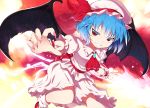  1girl ascot bat_wings blue_hair brooch fangs fingernails grin hat hat_ribbon highres jewelry long_fingernails looking_at_viewer mizukamiryouuma outstretched_arms red_eyes remilia_scarlet ribbon sash shirt short_hair skirt skirt_set slit_pupils smile solo spear_the_gungnir touhou wings wrist_cuffs 