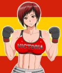  1girl abs black_hair blush boxing_gloves breasts collarbone dead_or_alive dead_or_alive_5 highres large_breasts makani_kohitujito midriff mixed_martial_arts multicolored_hair navel red_eyes redhead shiny shiny_skin short_hair smile sports_bra toned two-tone_hair 