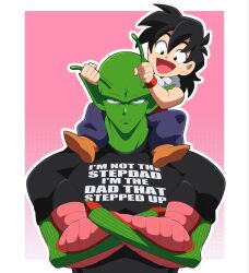  2boys antennae black_eyes black_hair brown_shoes carrying child clothes_writing colored_skin commentary crossed_arms dragon_ball dragon_ball_z english_commentary english_text frown green_skin highres male_focus multiple_boys otagothic piccolo pink_background pointy_ears serious shoes shoulder_carry son_gohan 