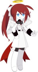  1girl ahoge angel_wings aqua_eyes belt black_belt boots bright_pupils buckle coat full_body funamusea funamusea_(artist) gloves goggles goggles_around_neck hair_ornament hair_ribbon half-closed_eyes halo long_hair mercury_(funamusea) necktie official_art ponytail red_hair red_necktie ribbon simple_background smile solo striped_clothes striped_thighhighs thigh-highs white_background white_boots white_coat white_gloves white_pupils white_ribbon white_wings wings x_hair_ornament 