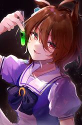  1girl absurdres agnes_tachyon_(umamusume) ahoge animal_ears bow bowtie breasts brown_hair commentary_request earrings hair_between_eyes highres holding holding_test_tube horse_ears horse_girl jewelry looking_at_viewer medium_breasts medium_hair mimuta open_mouth puffy_short_sleeves puffy_sleeves purple_bow purple_bowtie purple_shirt red_eyes sailor_collar sailor_shirt school_uniform shirt short_sleeves single_earring skirt smile solo test_tube tracen_school_uniform umamusume white_sailor_collar white_skirt 
