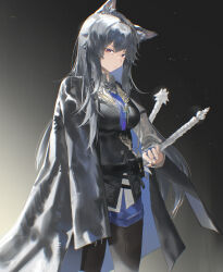  1girl absurdres animal_ear_fluff animal_ears arknights belt black_background black_belt black_eyes black_hair black_pantyhose black_vest blue_shorts bolo_tie buttons chromatic_aberration closed_mouth coat coat_on_shoulders collared_shirt commentary cowboy_shot danzir fingernails glint grey_shirt highres light_particles long_hair long_sleeves looking_at_viewer multicolored_eyes orange_eyes pantyhose pouch shirt shorts solo standing staring texas_(arknights) texas_the_omertosa_(arknights) two-tone_eyes vest wolf_ears wolf_girl 