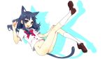  1girl :d aano_(10bit) animal_ears blue_eyes blue_hair bottomless cat_ears cat_tail heartcatch_precure! kemonomimi_mode kurumi_erika loafers long_hair navel open_mouth precure school_uniform shoes simple_background smile solo tail white_background 