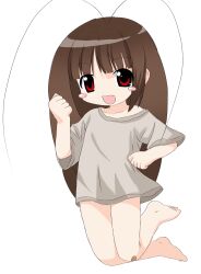  1girl 2000s_(style) antenna_hair arthropod_girl bananafryapple bandaid bandaid_on_knee bandaid_on_leg barefoot blush_stickers brown_hair cockroach_girl fang faux_retro_artstyle full_body highres off_shoulder original red_eyes shirt skin_fang solo white_background white_shirt 