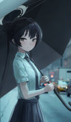  1girl absurdres black_hair black_necktie black_skirt blue_archive blurry blurry_background braid braided_bun car collared_shirt double_bun gabang grey_eyes grey_halo hair_bun halo highres holding holding_umbrella kisaki_(blue_archive) kisaki_(school_uniform)_(blue_archive) light_smile long_hair looking_at_viewer looking_to_the_side motor_vehicle necktie outdoors pleated_skirt redrawn school_uniform shirt short_sleeves skirt striped_clothes striped_necktie twintails umbrella umbrella_over_shoulder urban white_shirt 