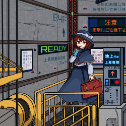  1girl black_capelet black_hat black_skirt bow briefcase brown_eyes brown_hair buttons capelet commentary drink elevator galm_x_lmr_(ryonasa) hat hat_bow highres holding holding_briefcase holding_drink holding_suitcase indoors long_sleeves looking_at_viewer machine shirt shirt_tucked_in skirt solo suitcase touhou translation_request usami_renko white_bow white_shirt 