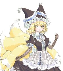 1girl alternate_costume apron back_bow blonde_hair blue_ribbon bow breasts brown_dress brown_hat commentary_request dress elbow_gloves fishnet_gloves fishnets fox_tail gloves hat kitsune looking_at_viewer medium_breasts multiple_tails neck_ribbon open_mouth puffy_short_sleeves puffy_sleeves ribbon s-a-murai short_sleeves simple_background smile solo tail touhou waist_apron white_apron white_background white_bow yakumo_ran yellow_eyes 
