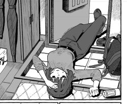  1girl backpack bag commentary_request door from_above genkan greyscale indoors lineart long_sleeves looking_at_viewer lying monochrome on_back original pants ribbed_sweater shoes short_hair socks solo sweater tile_floor tiles upside-down window zinbei 