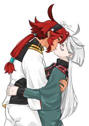  2girls 715piro_gon absurdres asticassia_school_uniform black_hairband closed_eyes closed_mouth commentary_request green_jacket green_shorts grey_hair gundam gundam_suisei_no_majo hairband highres hug imminent_kiss jacket long_hair miorine_rembran multiple_girls ponytail red_hair school_uniform shorts simple_background suletta_mercury thick_eyebrows white_background white_jacket white_shorts yuri 