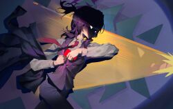  1girl absurdres blank_eyes blue_archive bullet cowboy_shot drawing_gun dress_shirt elbow_carry eye_trail firing formal_clothes from_side gehenna_academy_logo glowing glowing_eyes gun halo handgun haruka_(blue_archive) haruka_(suit)_(blue_archive) highres holding holding_gun holding_weapon jacket light_trail long_hair long_sleeves looking_ahead muzzle_flash necktie official_alternate_costume pants ponytail purple_background purple_hair purple_halo purple_pants purple_vest red_necktie shaded_face shirt short_ponytail solo suit_pants unworn_jacket vest weapon white_shirt ziid_(ziid69) 